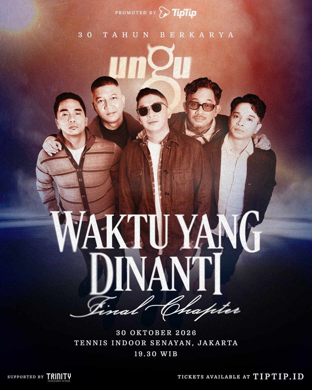 Jakarta – Band legendaris Indonesia, UNGU, bersiap merayakan tiga dekade perjalanan bermusik melalui sebuah konser istimewa bertajuk "UNGU – Waktu Yang Dinanti: Final Chapter (30 Tahun Berkarya)". Konser yang dipromotori oleh TipTip tersebut dijadwalkan b